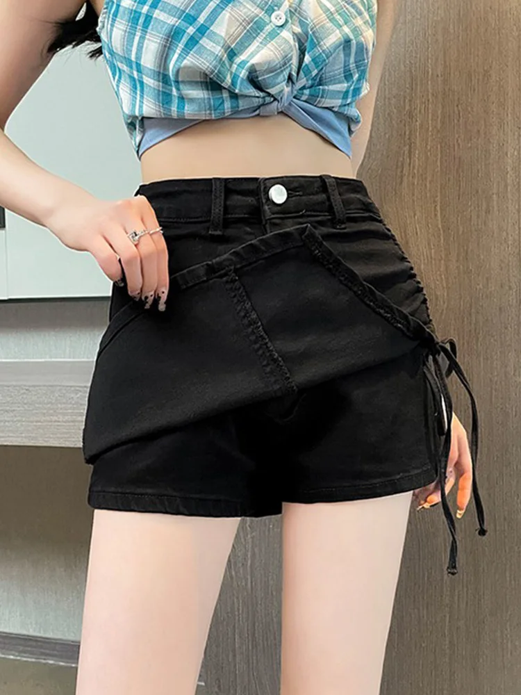 Summer Sexy Women Empire Slim Drawstring Denim Culottes Casual Lady High Street Bodycon Denim Culottes A-line Shorts
