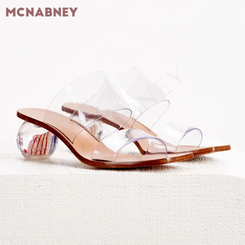 Crystal Ball Heel Transparent Slippers Summer New Fairy Style Square Toe High Heel Sandals One Word Transparent Belt Sandals