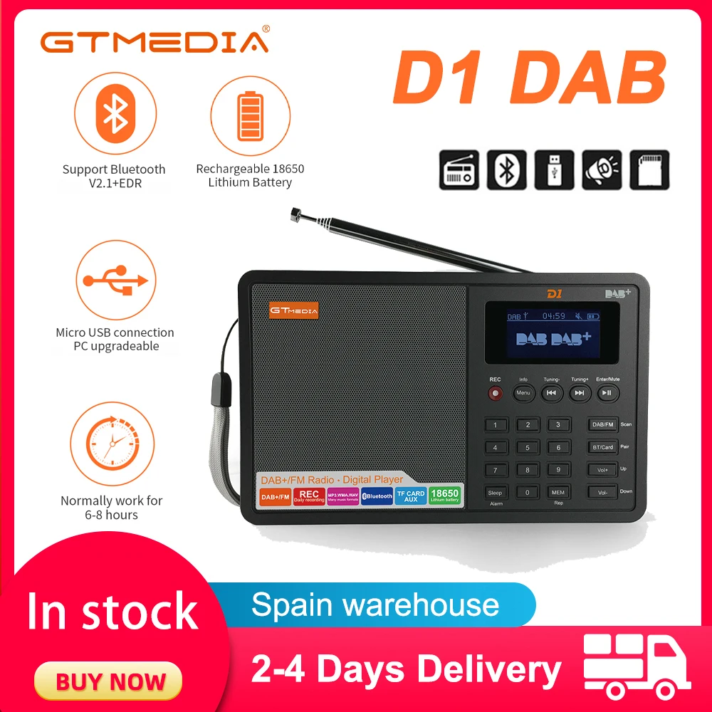 Radio GTMEDIA D1 Portable DAB Digital Bluetooth Speaker AUX IN TF Card Slot MP3 Player Recording Clock Alarm Sleep Timer