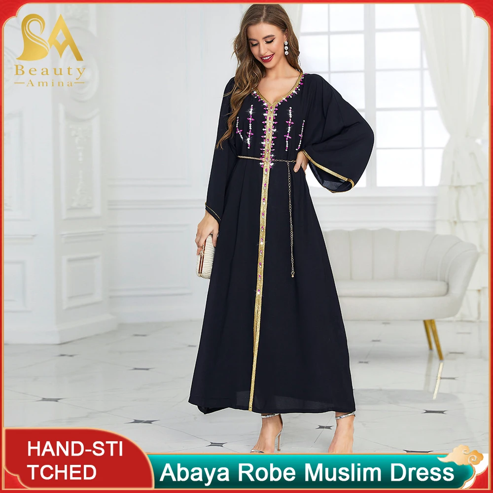 Muslim Robe Black Hand Sewn Drill Dress Dubai Travel Sleeve Dress Arab Islamic Festival Dress Ethnic Robe Abaya Robe Ab Skirt