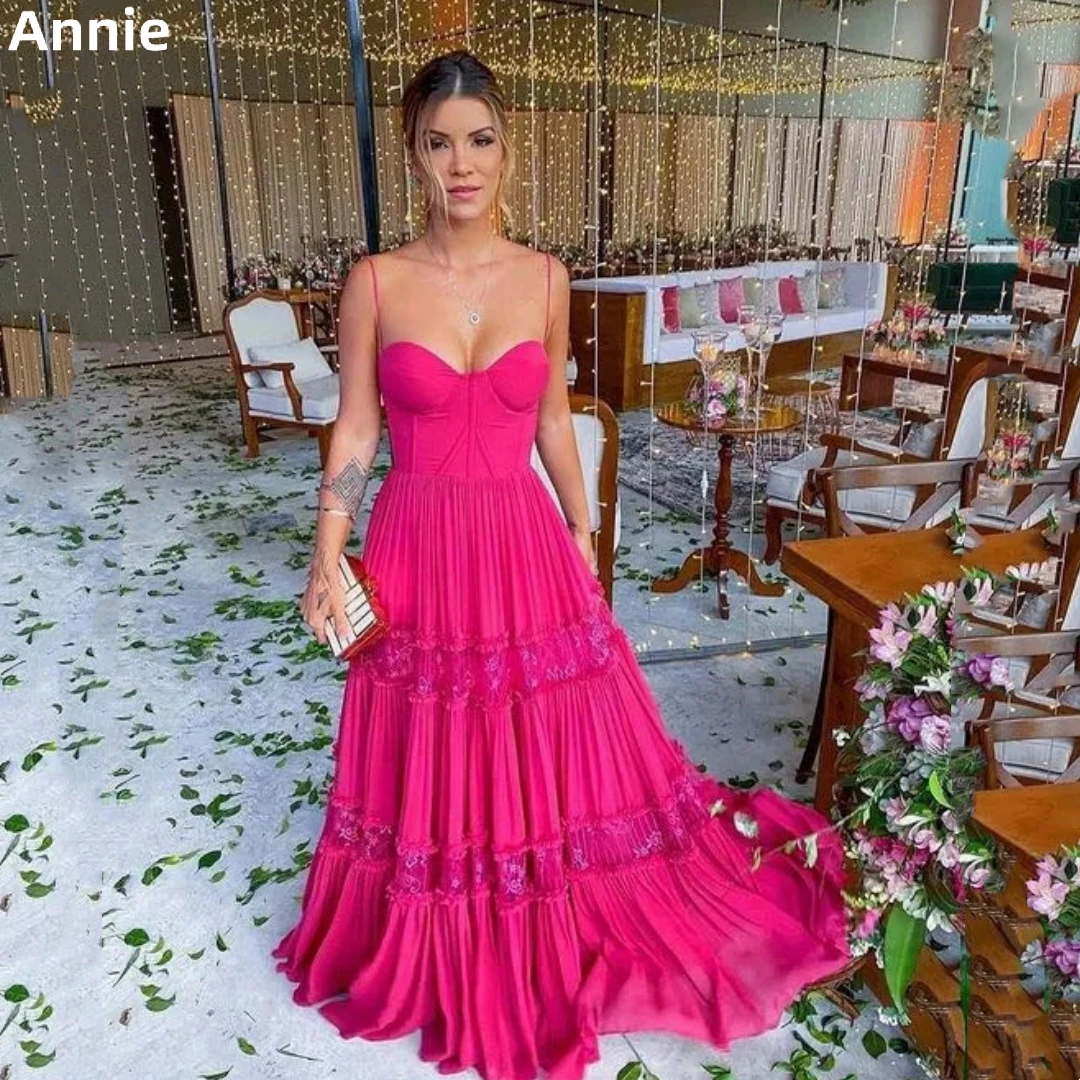 

Annie Chiffon Sexy Spaghetti Straps Prom Dressess Delicate Fuchsia Cocktail Custom Evening Dress Ladies Robe فساتين سهره فاخره