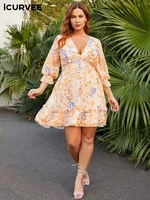 icurvee women plus size dress sexy v neck 34 puff sleeve casual backless fashion holiday dress 2022 summer floral printed robe