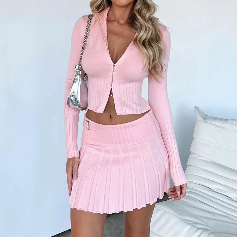 Solid Knitted 2 Piece Set Women Turn Down Collar Long Sleeve Double Zipper Jackets Crop Top Folded Mini Pleated Skirts Suits