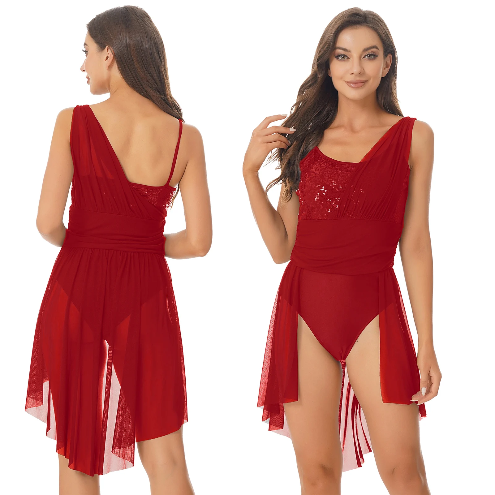 

Womens Latin Tango Cha-cha Dance Dress Sparkling Sequins Sleeveless Leotard Dress Ruched Modern Lyrical Dresses Dancewear