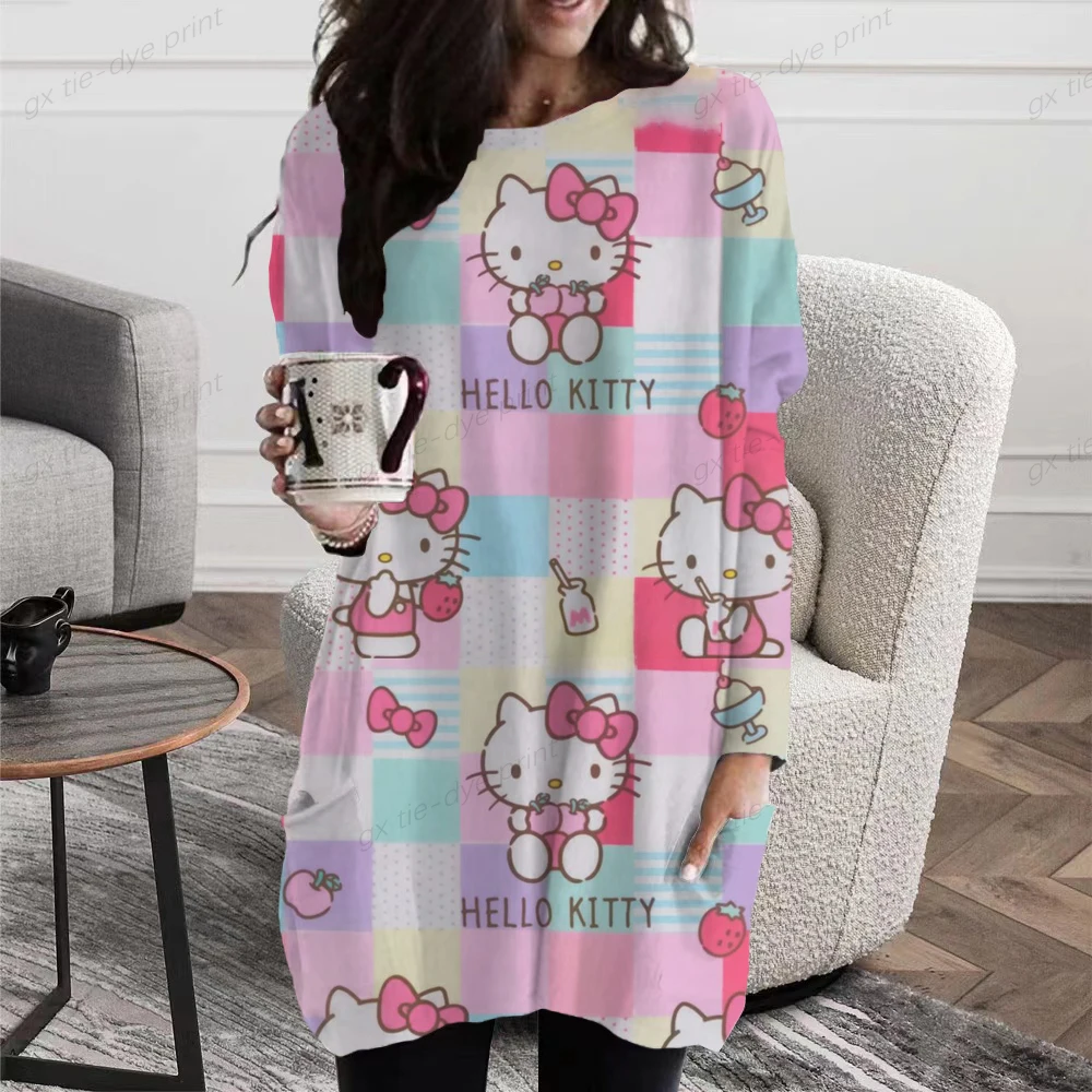 

Женская футболка с мультяшным Hello Kitty, Повседневный хлопковый пуловер с круглым вырезом и длинным рукавом, милая уличная одежда в стиле Хара...