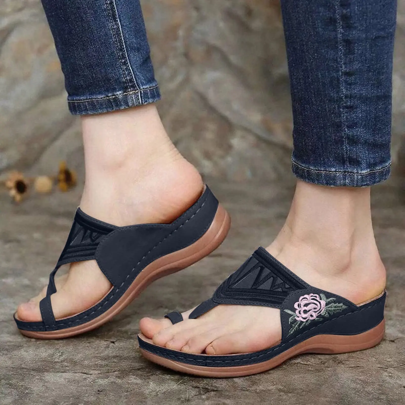 

Thong Clip Toe Wedge Orthopedic Slippers Women Slip On Floral Embroidery Flip Flops Roman Comfy Arch Support Sandals