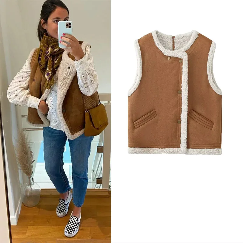 

Женский жилет из овечьей шерсти, с лацканами и боковыми карманами