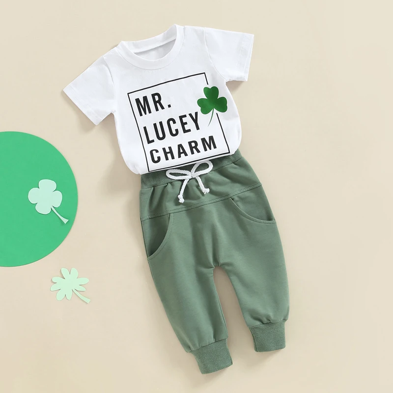 Toddler Baby Boys Girls Irish Festival 2pcs Clothes Set Letter Clover Print Short Sleeve Crew Neck T-Shirt Elastic Waist Pants