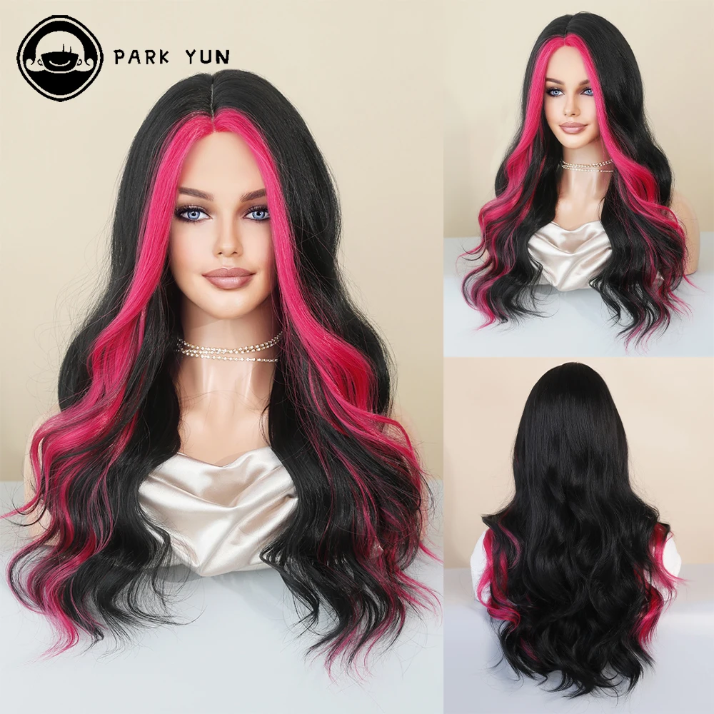 Long Wavy Ombre Black Wigs for Women Mid Parting Synthetic Rose Red Hair Wig Cosplay Daily Party Lolita Heat Resistant Fiber