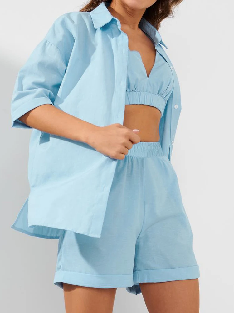 

Linad Loose Pajamas For Women 3 Piece Sets Half Sleeve Sleepwear Female V Neck Crop Top Summer Casual Home Suits With Shorts
