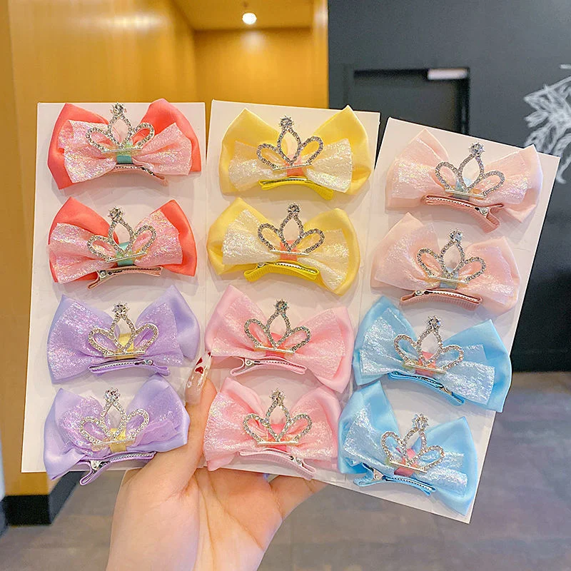 

2PCS/Set Shine Crown Solid Double-deck Bow Hairpin For Girl Children Temperament Cute 7cm Long Hair Clips Fashion Accessories