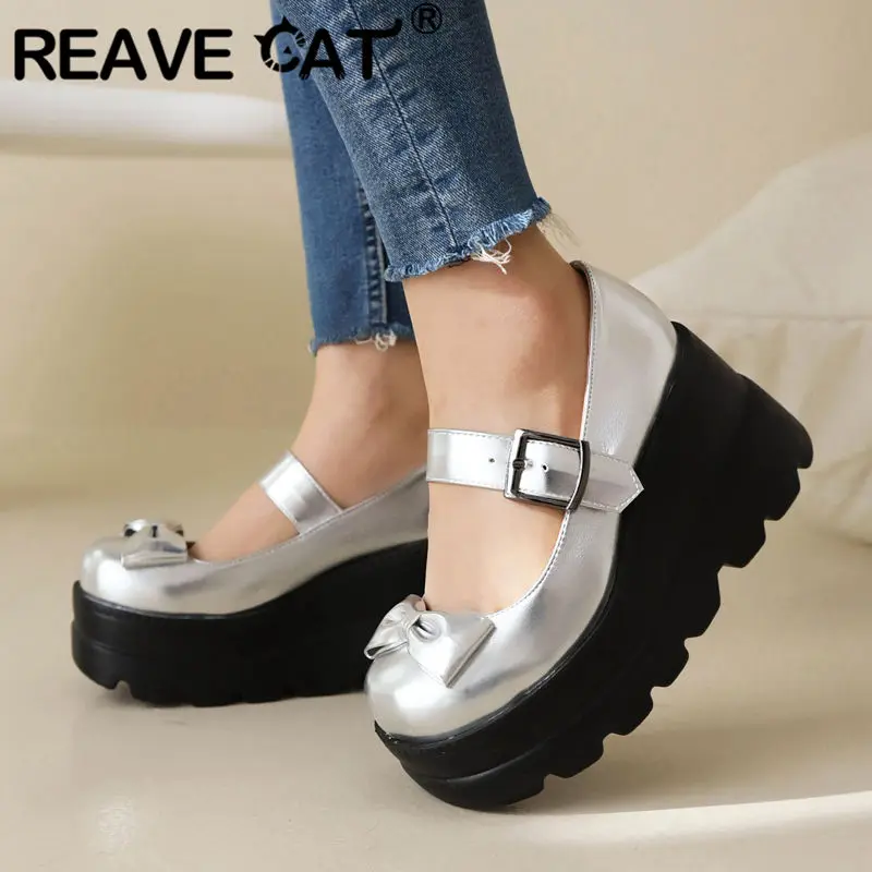 

Женские туфли на танкетке 10 см REAVE CAT, туфли-лодочки на высоком каблуке 10 см с круглым носком и ремешком с пряжкой на высоком каблуке, повседне...