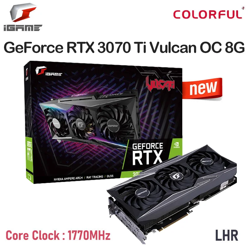 

Видеокарта RTX 3070Ti GPU Colorful Raphic iGame GeForce RTX 3070 Ti Vulcan OC 8G LHR 8 Гб GDDR6X 256-bit PCI-E 4,0 Новинка