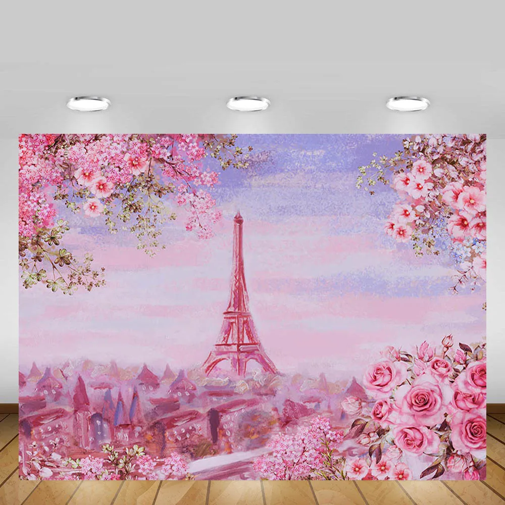 

Mehofond Valentine's Day Eiffel Tower Photography Background Pink Flower Girl Birthday Baby Shower Backdrop For Photo Studio