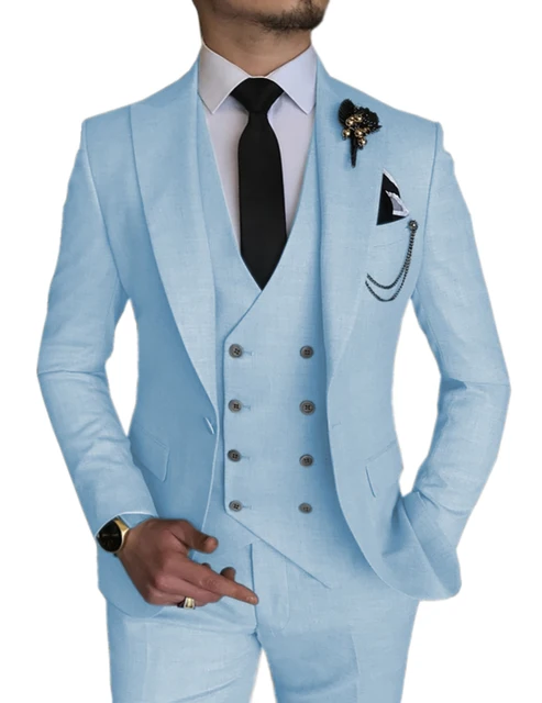Moda rahat iş gök mavisi kostüm Homme düğün erkek takım elbise tepe yaka damat smokin Terno Masculino balo Blazer 3 parça