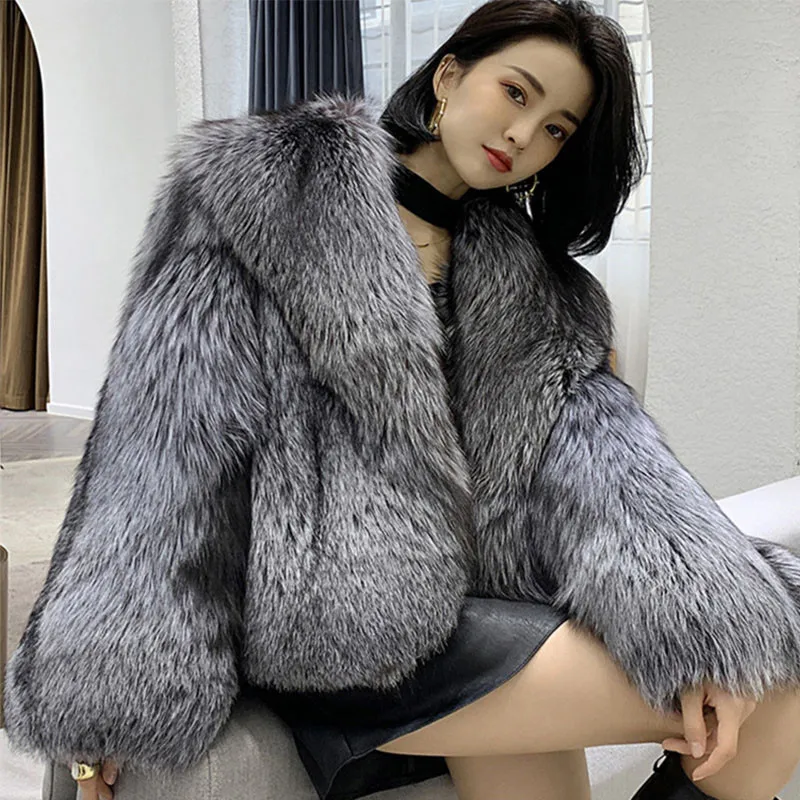 2022 Furs Coat  Puffy  Faux Fox Fur Casual Jacket. Fashionable Suit Collar Winter Outdoor Warm Faux Fur Overcoat