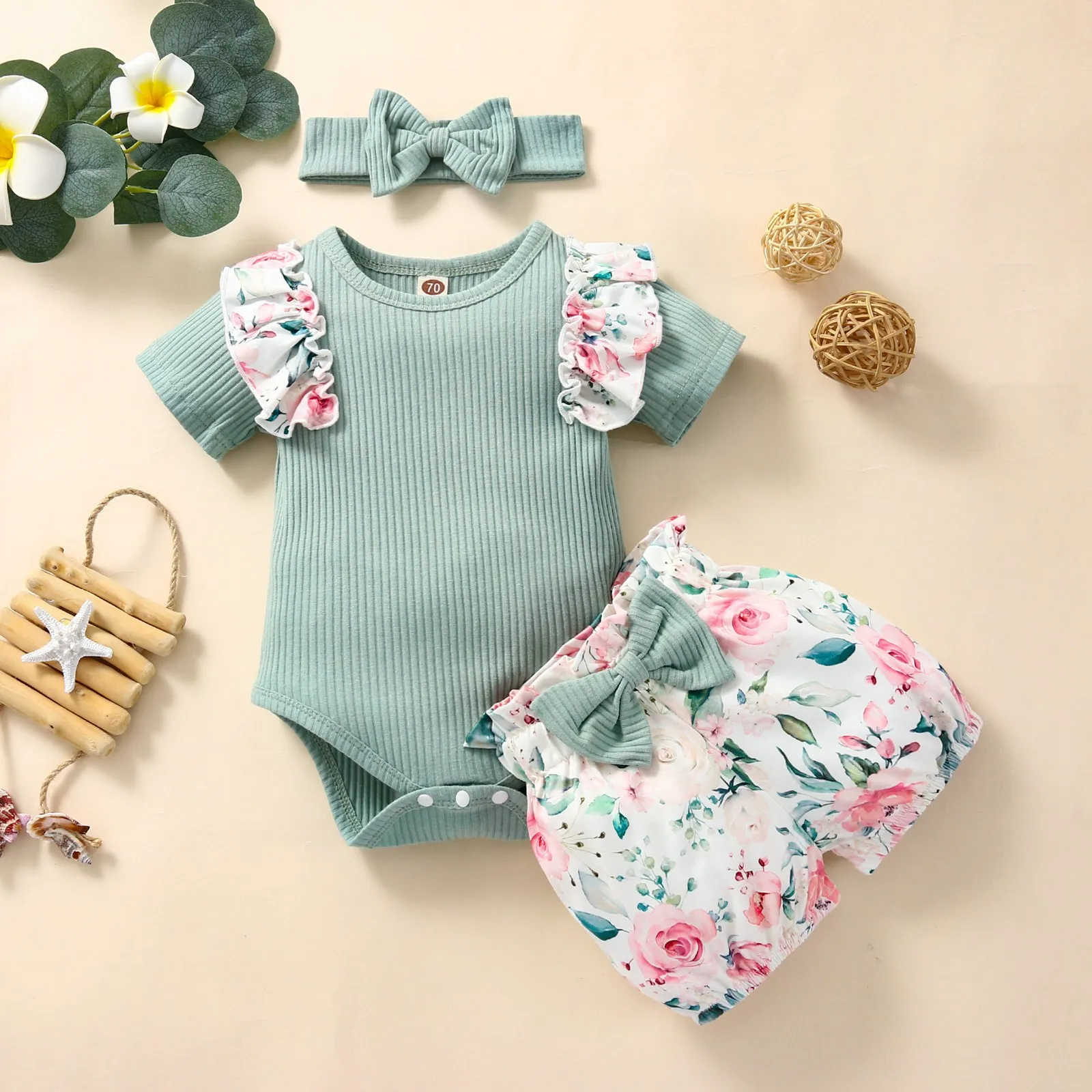 

Infant Baby Girls Floral Clothes Ruffle Short Sleeve Ribbed Romper Bow Flower Shorts Two Piece Summer Cute Princess Outfits Suit