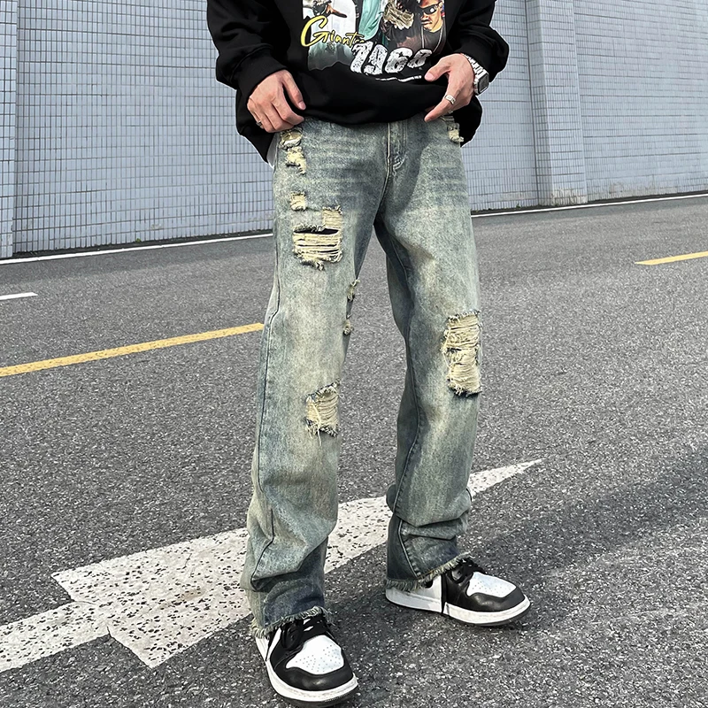 

Men Jeans High Street Hip Hop Retro Hole Straight Loose Y2k Pants Loose Jeans Street Clothes Korean Fashion Street Clothes Jeans