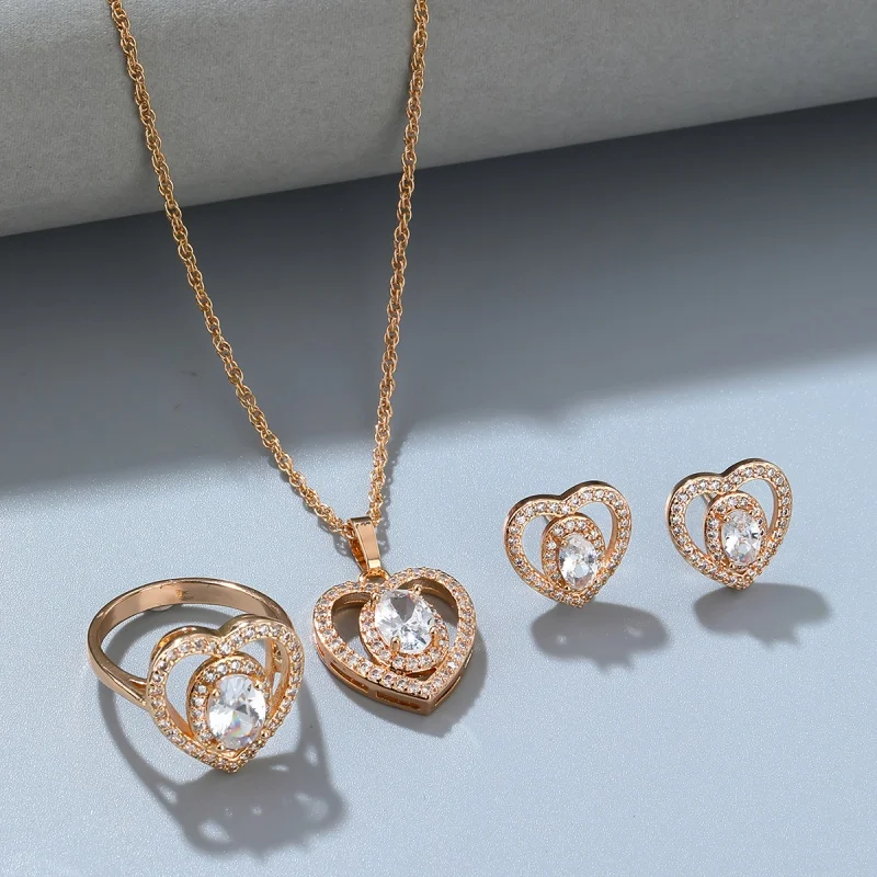 

selead Design New Fashion Gold Plated Zircon Double Love Pendant Necklace Earring Ring Sweet Romantic Ladies Wedding Jewelry Set