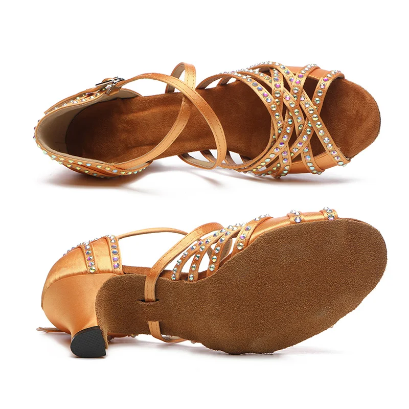 Latin Dance Shoes Women Shiny Rhinestone Black Pink Brown Ballroom Shoes For Female 2022 New Style Indoor Salsa Dancing Sandals