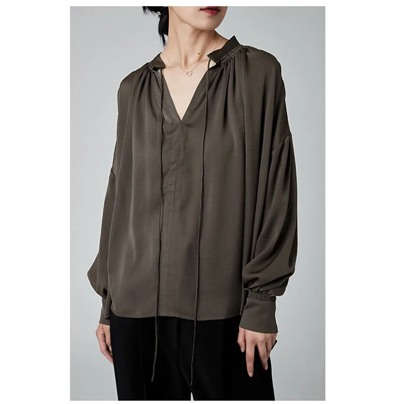 2023 Retro Viscose Pullover Shirt Women Autumn Lantern Sleeve Japanese Imitation Silk French Top Breathable Drop Shoulder Loose