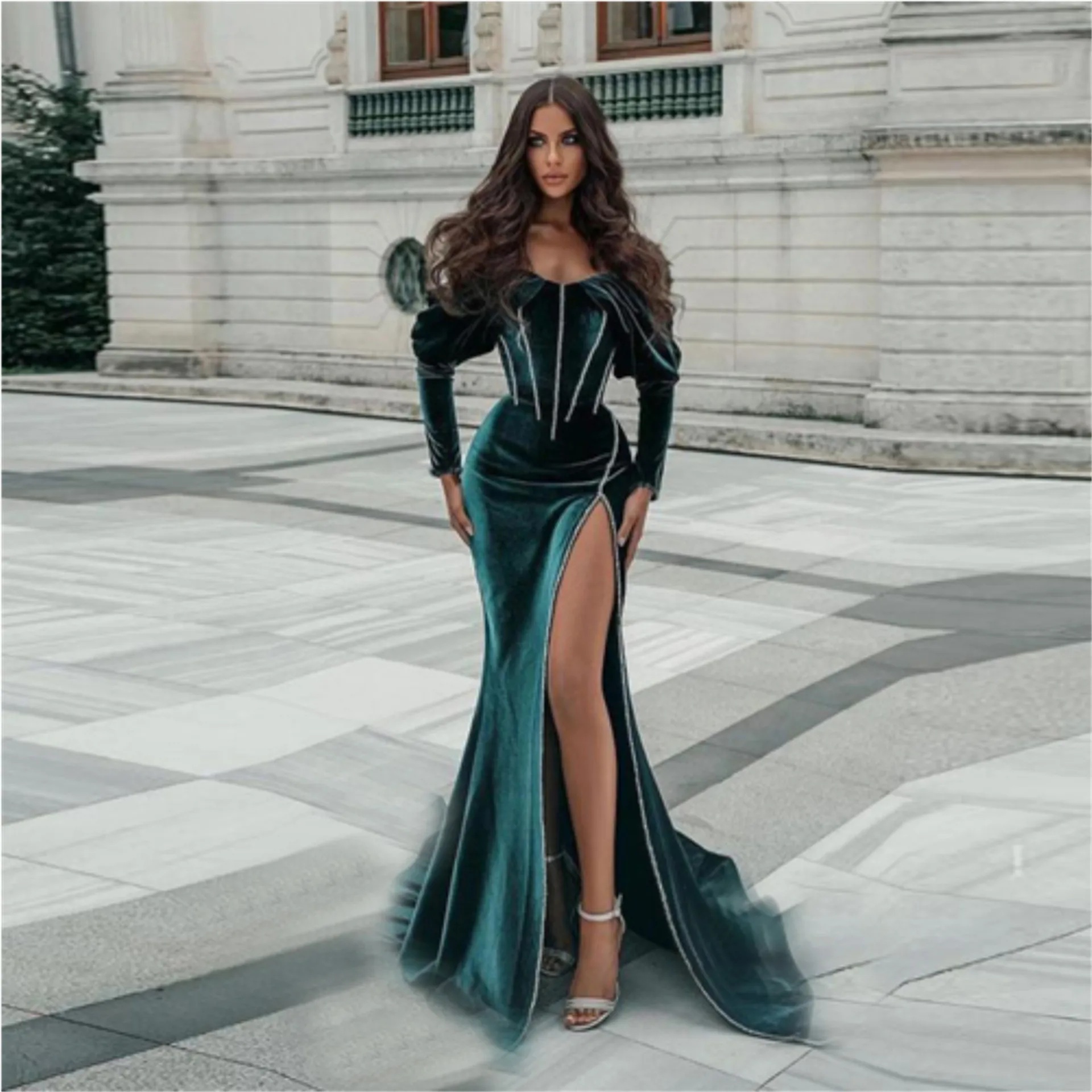 Ladies Collect Waist Night Club Party Velvet Dark Green Summer  Off Shoulder Slim Celebrity Dresses Evening Gowns Slit Vestidos