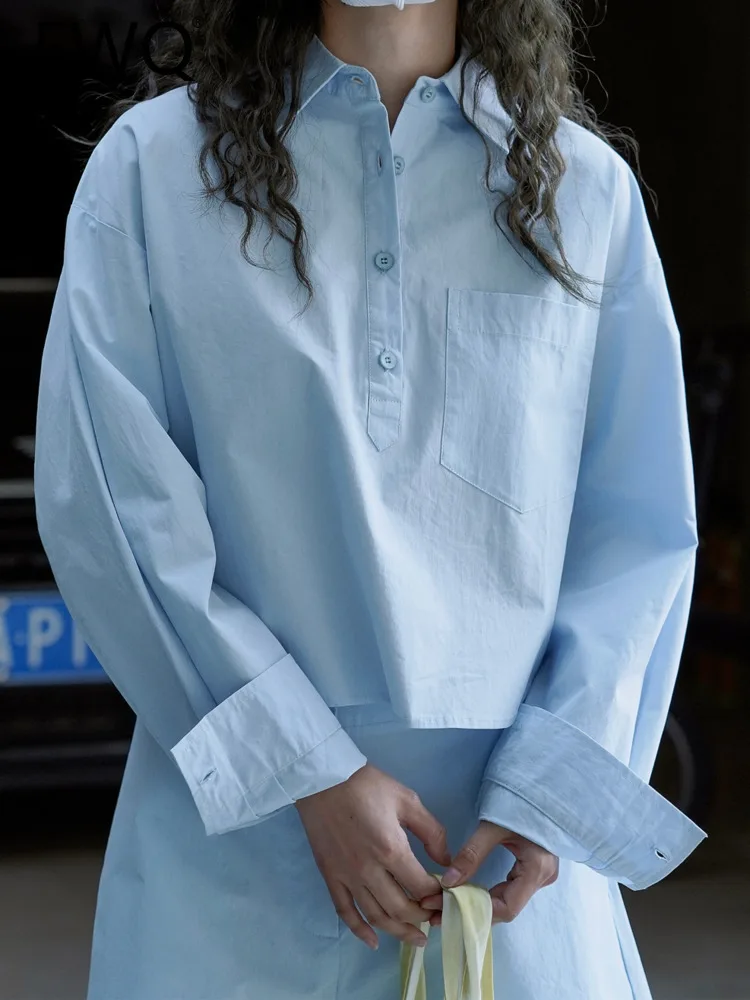 

Женская короткая блузка EWQ, голубая однобортная блузка в Корейском стиле с отложным воротником и длинным рукавом, элегантные женские топы, в...