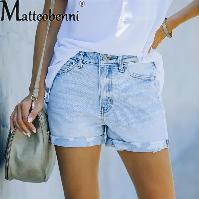 Summer Fashion Skinny Stretch Denim Shorts Women's Mid-waist Casual Light Blue Three Quarter Pants Female Broken Holes Jeans New
