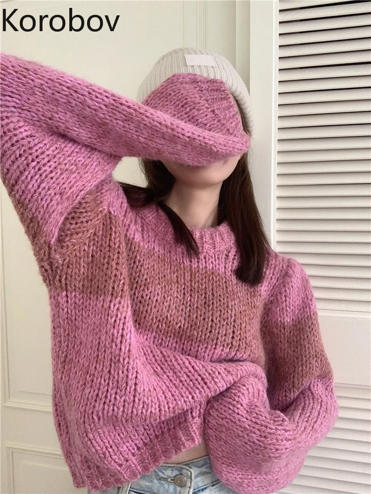 Модные мягкие вязаные топы в Корейском стиле простой пуловер контрастных цветов