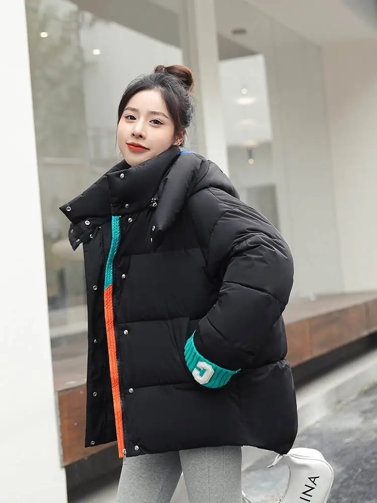 GRELLER 2022 New Winter Women Parkas Jackets Loose Hooded Thicken Warm Padded Coat Knit Spliced Female Winter Outwear Jackets