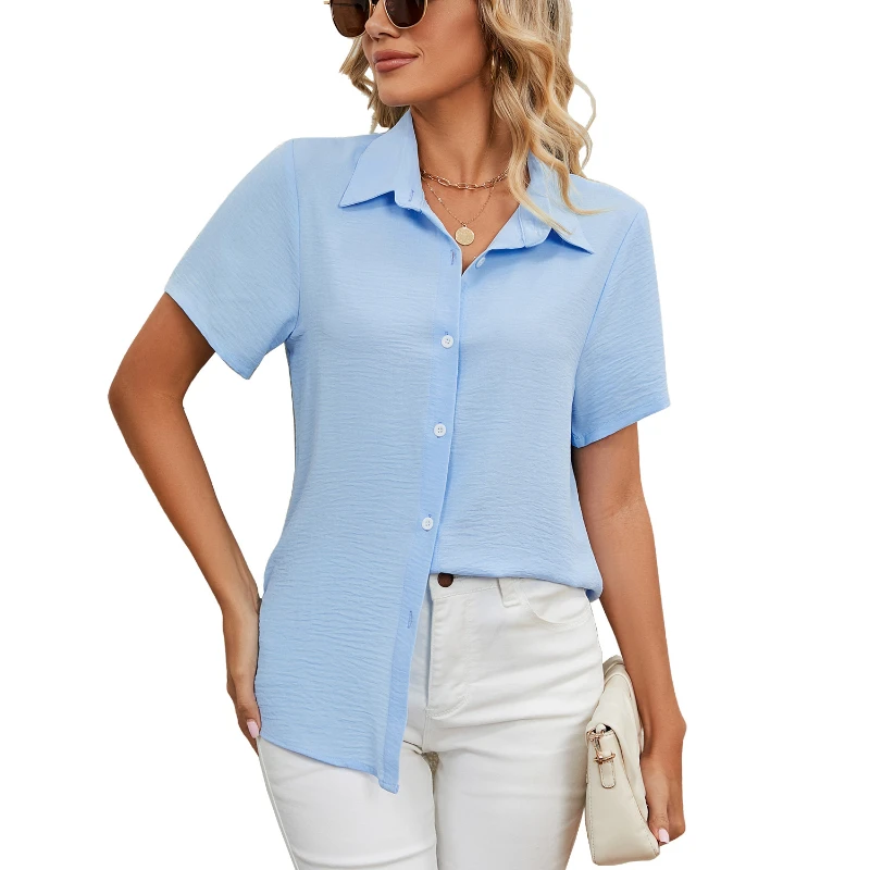 

Women's Fashion T-shirt Tops Spring Summer Casual Short Sleeve Turn Down Collar Solid Color Button Shirts Female