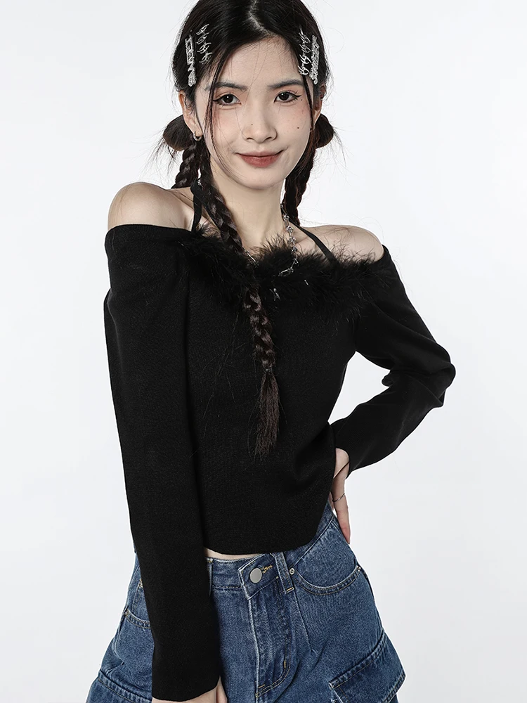 

Модный вязаный кроп-топ в Корейском стиле, женские милые короткие футболки с меховым воротником, женские весенние черные футболки с длинным рукавом, женская одежда
