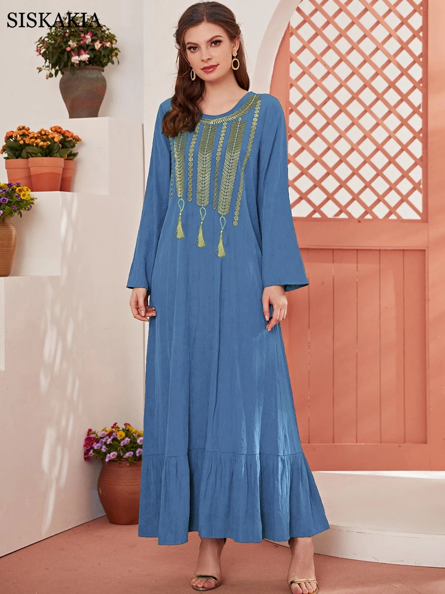 

Женское элегантное платье с вышивкой, украшенное яркой линией, с кисточками, с круглым вырезом, с длинным рукавом, однотонное платье для сви...