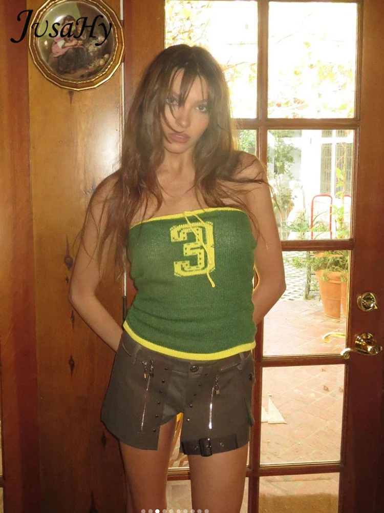 

JusaHy Women New Y2K Sexy&Club Letter Knitted Lace-up Tank Top Halter Skinny Lace-up Backless Tube Vest Camisole Chic Tops 2023