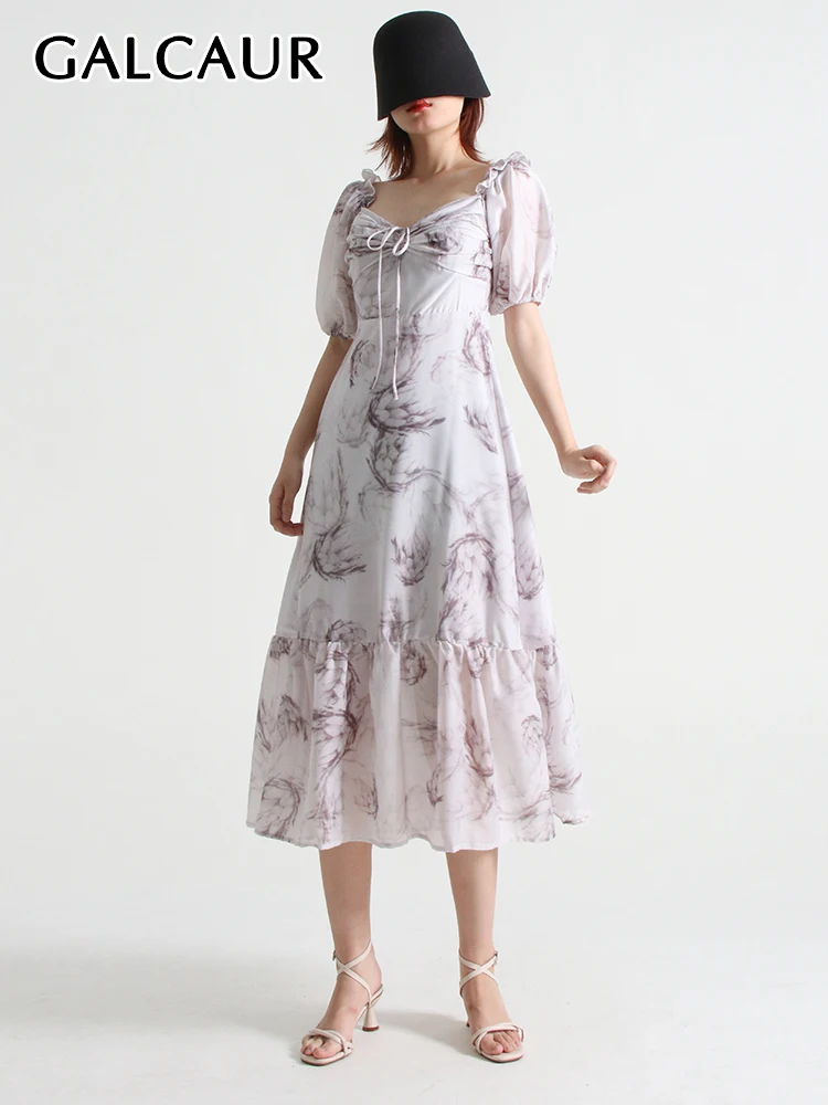 

GALCAUR Korean Puff Sleeve Dress For Women Square Collar High Waist Print Colorblock Midi Dresses Female Clothing Summer Fashion