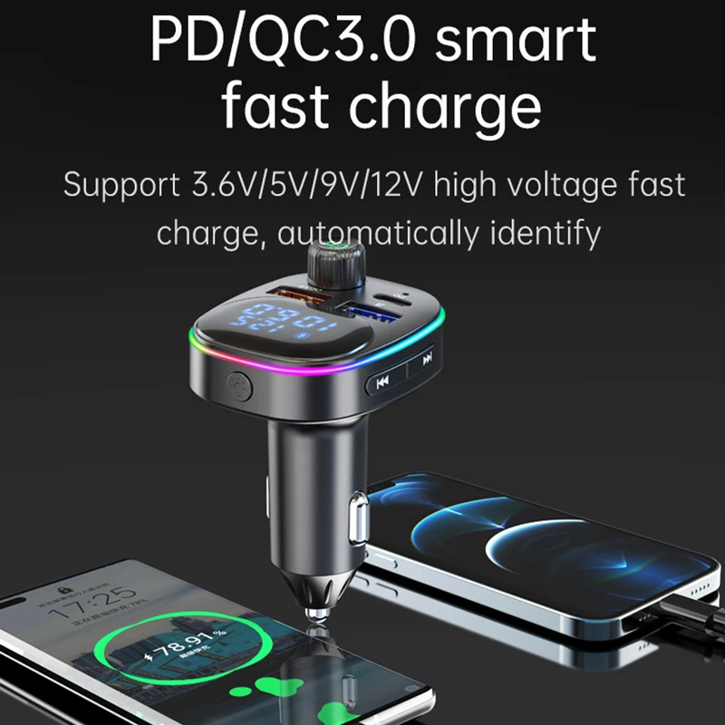 Автомобильный MP3-плеер Bluetooth 5 0 FM-передатчик QC/PD3.0 20 Вт USB C Быстрое зарядное