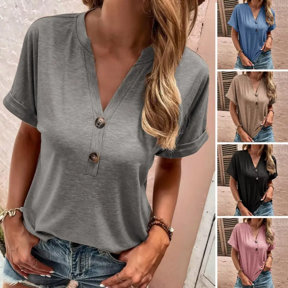 

Женский летний топ с V-образным вырезом, украшенный пуговицами, с коротким рукавом, однотонные свободные брюки, пуловер, хлопковая Повседнев...