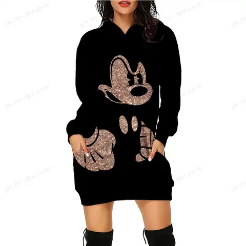 Women Long Hoodie Dress Casual Loose Disney Mickey Mouse Print Outerwear Hoodies Ladies Long Sleeve Pocket Hooded Sweatshirt
