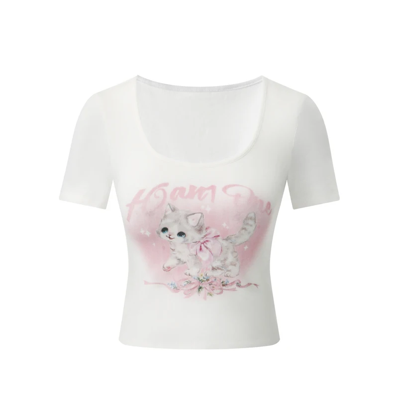 

Cute T-Shirts for Sweet Girl Summer Tops Tee Square Collar Cat Print Slim Short TShirts Kawaii Clothes