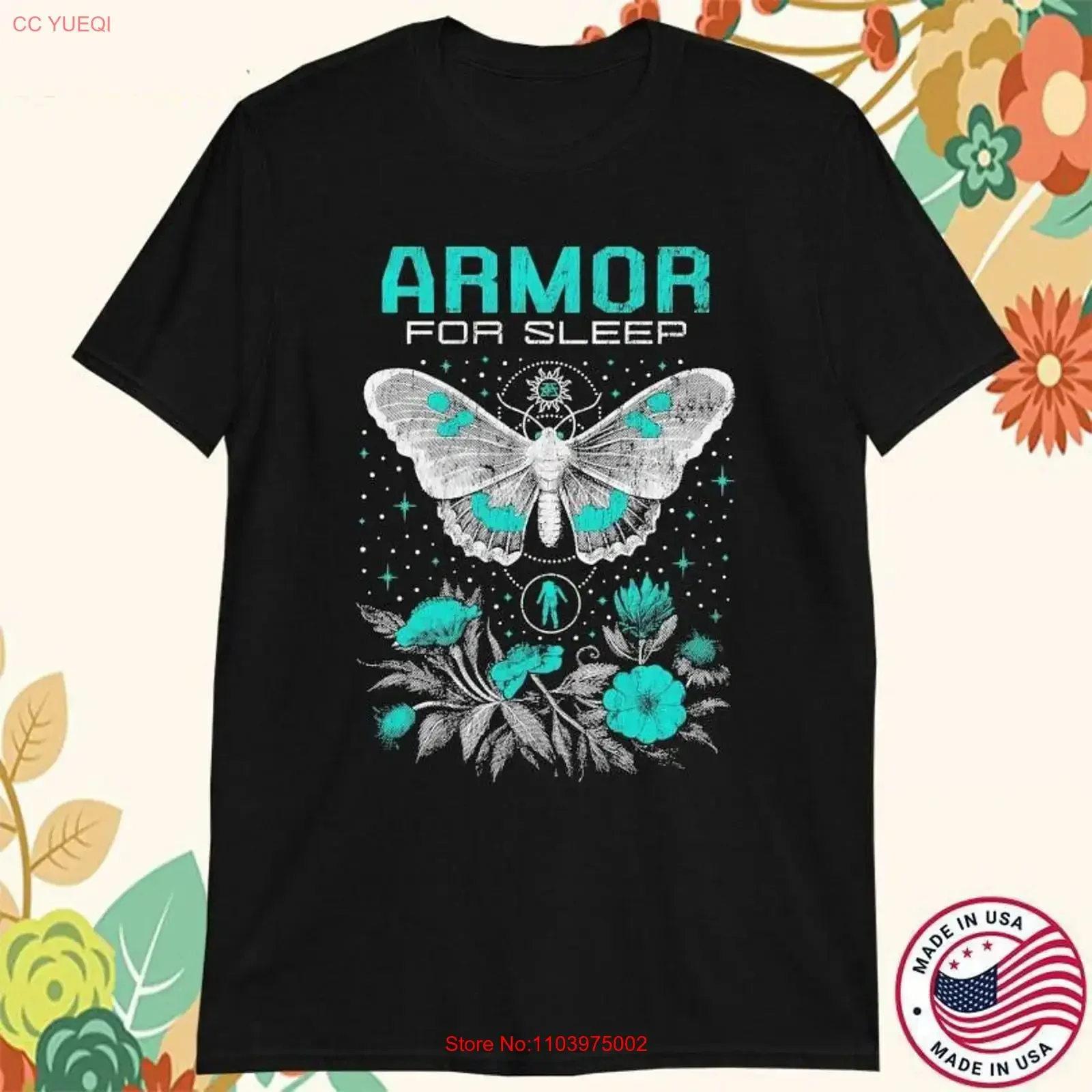 Фото Футболка Armor For Sleep Lunar Moth из хлопка, черная, все размеры, BT1141, винтажная, с эффектом потертости, эластичная, для повседневной носки, слегка облегающая. №1