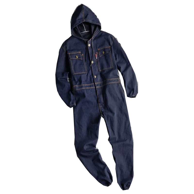Workwear Men's Long Sleeve Lapel Hooded Foot Workwear Fashion Loose Workwear Casual Overalls Plus Size Blue