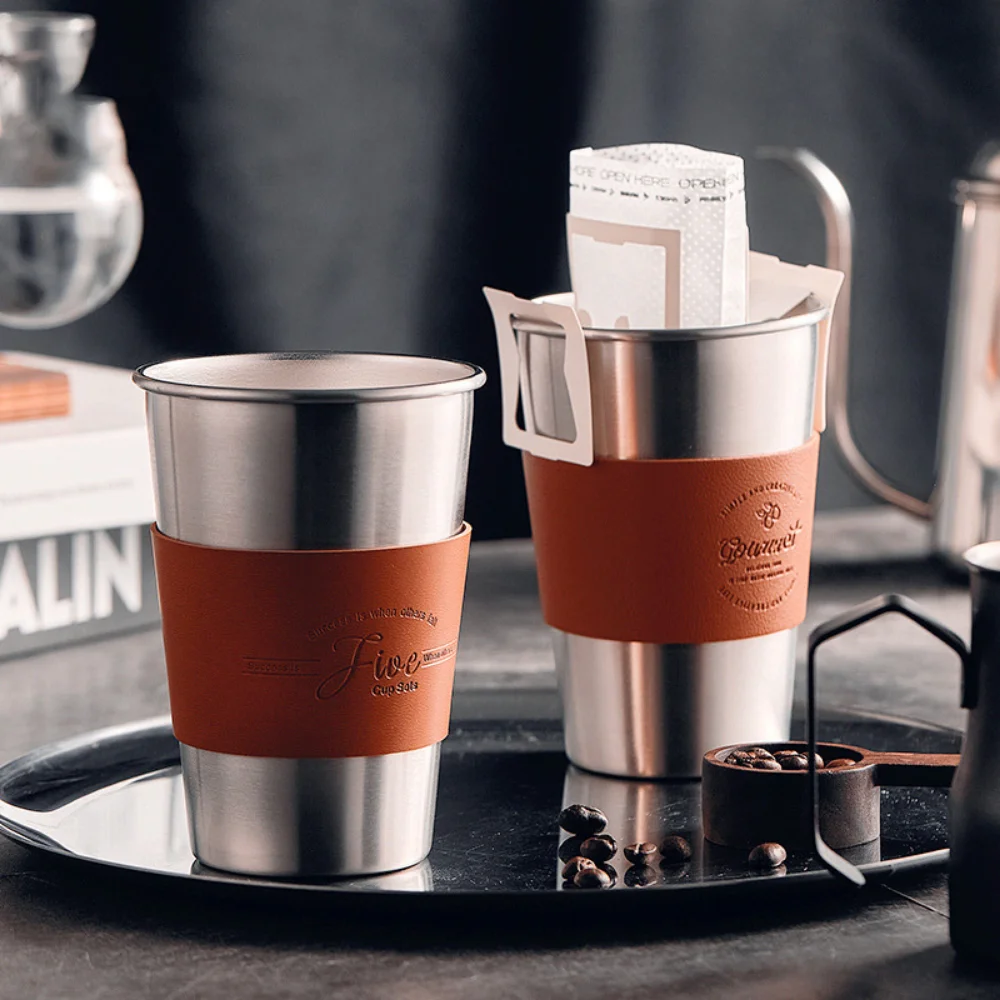 

Outdoor Camping Coffee Cup 304 Stainless Steel Tea Water Cup with Leather Case Camping Beer Mug Home Office Coffee Mug