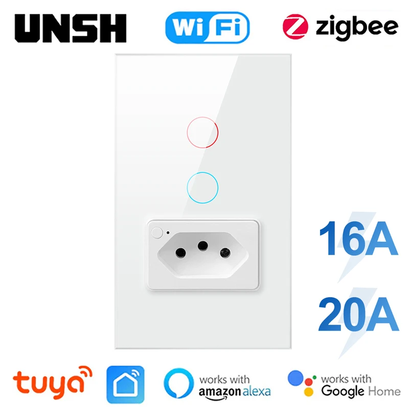 

Tuya Smart Brazil WiFi ZigBee Switch 16A 20A Smart Socket Glass Panel 1 2 gang Smart Light Switch Work With Alexa Google home