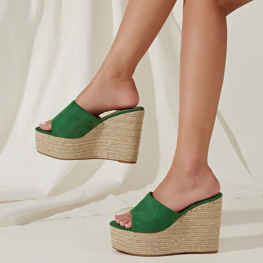 

AOSPHIRAYLIAN 2022 Big Size Platform Straw Mules Wedges Espadrille Flock Sandals High Heels Slipper Dropship Women Shoes Sandals