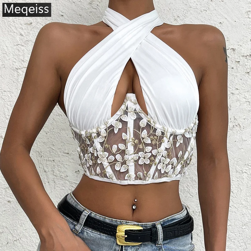 

Meqeiss New Summer Sexy Female Tank Tops Lace Floral Halter Neck Strappy Vest Sleeveless Backless Hollow Crop Tops for women