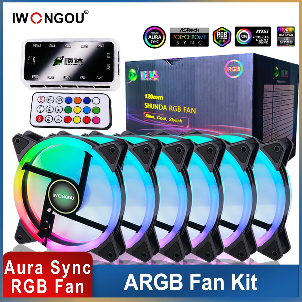 

IWONGOU 120mm PC Computer Case Fan Cooling Cooler 6PIN RGB Led 12cm Mute Ventilador 5V DC ARGB Fans Adjust Speed Aura Sync
