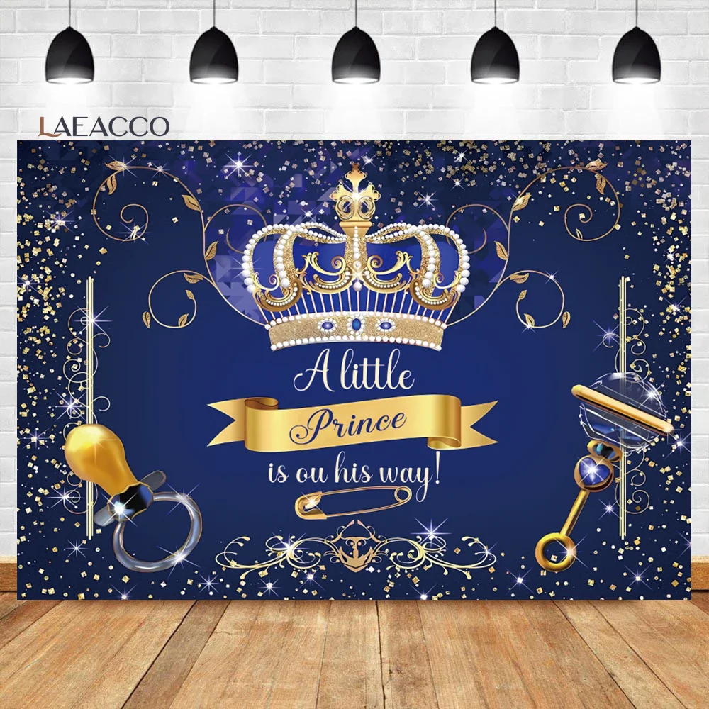 

Laeacco Royal Blue Prince Baby Shower Backdrop Gold Glitter Crown Mace Boy Kids Birthday Portrait Custom Photography Background