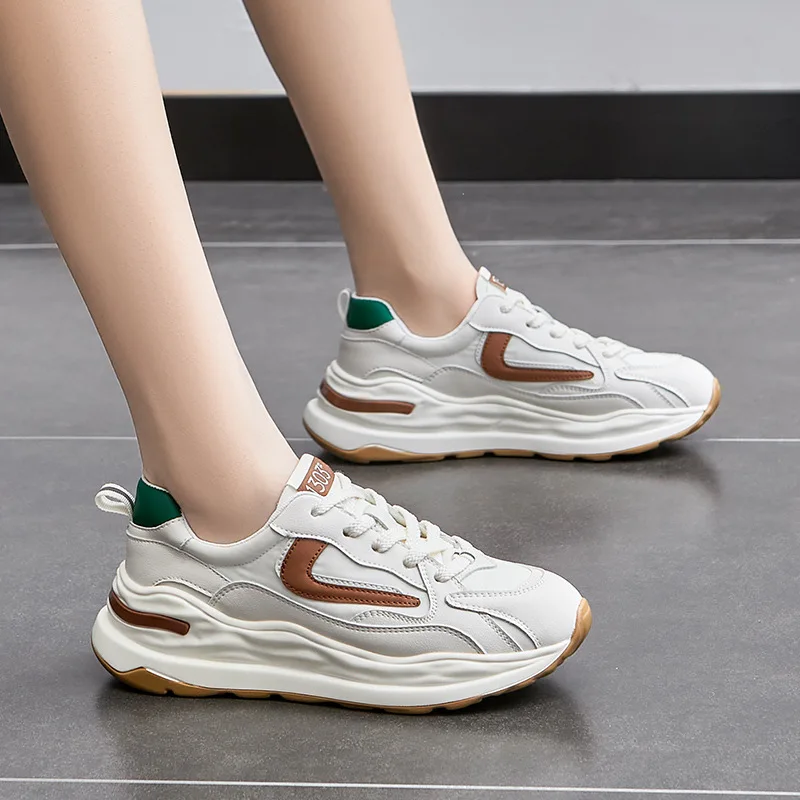 

2022 Spring New Casual Shoes Color-blocked Thick-soled Cowhide Daddy Shoes Sneakers Round Toe Lace-up Running Shoes