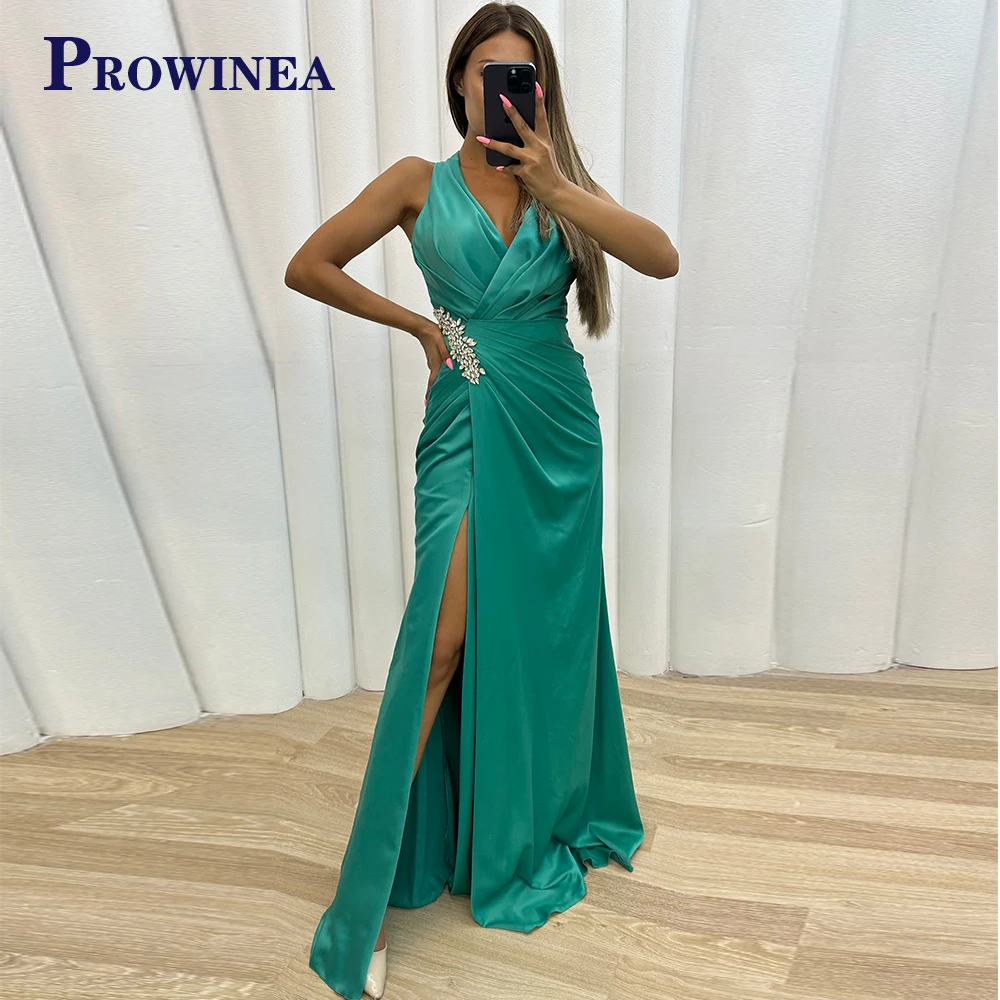 

Prowinea V-Neck Crystal Evening Gowns Simple Pleat Charming Straight Backless For Women Slit Sleeveless Satin De Gala Customised