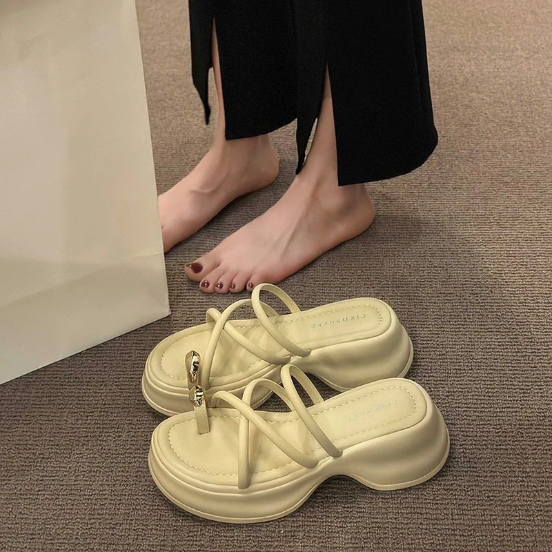 

Pinch Foot Platform Slippers Women's Outer Wear Summer New Cross Set Toe High Heels Beach Roman Sandals Sandals Sandals Sandals